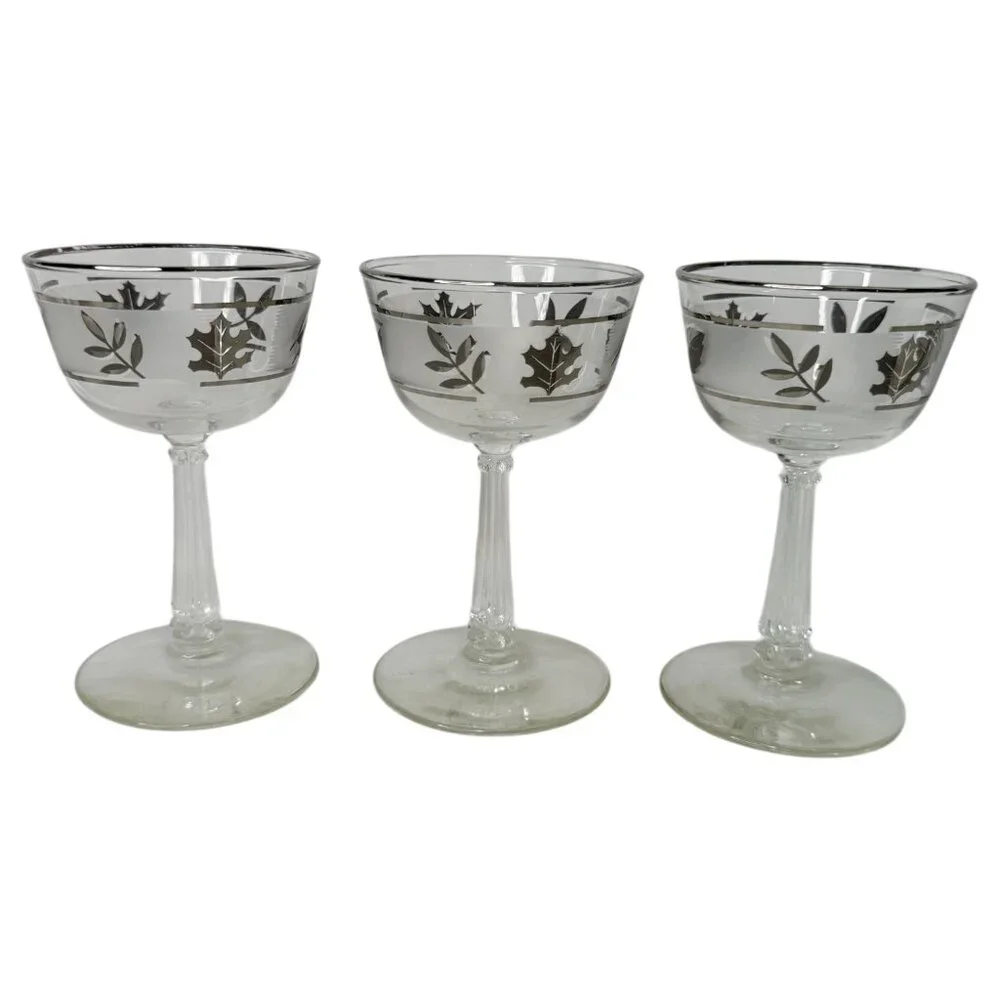 3 Vintage Libbey Silver Leaf Frosted Liquor Coctail Glasses Set 5‎ Inch